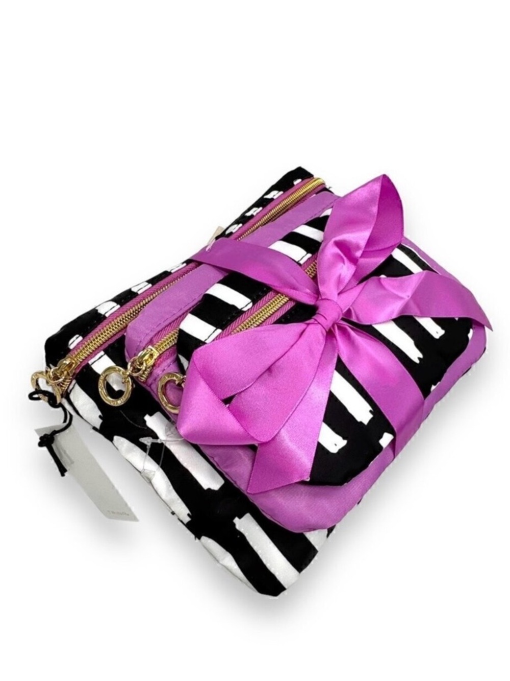 Nwt Trina Set Of 3 Pcs Cosmetic Makeup Bag Cases Black & White Stripes Pink